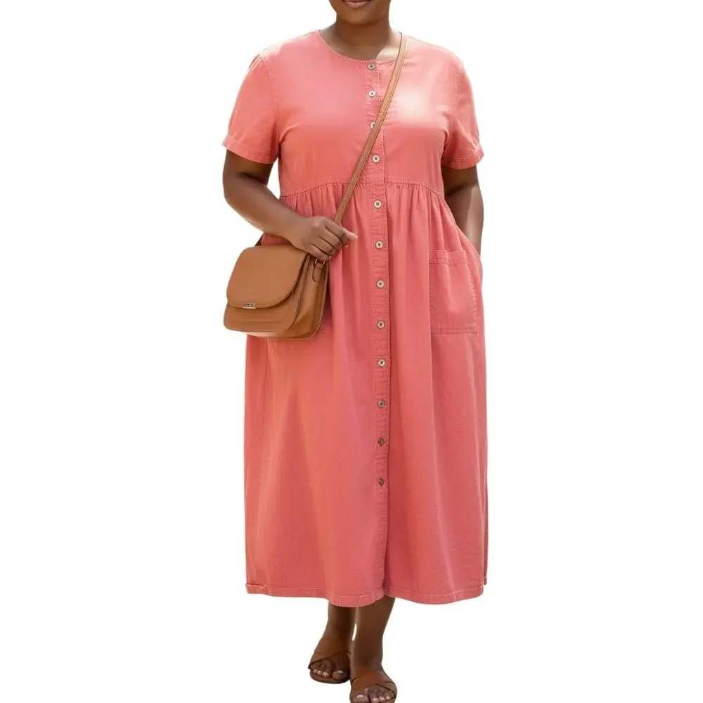 Vintage 90s Coral Cotton Button-Front Empire Waist Midi Dress Cottagecore XL